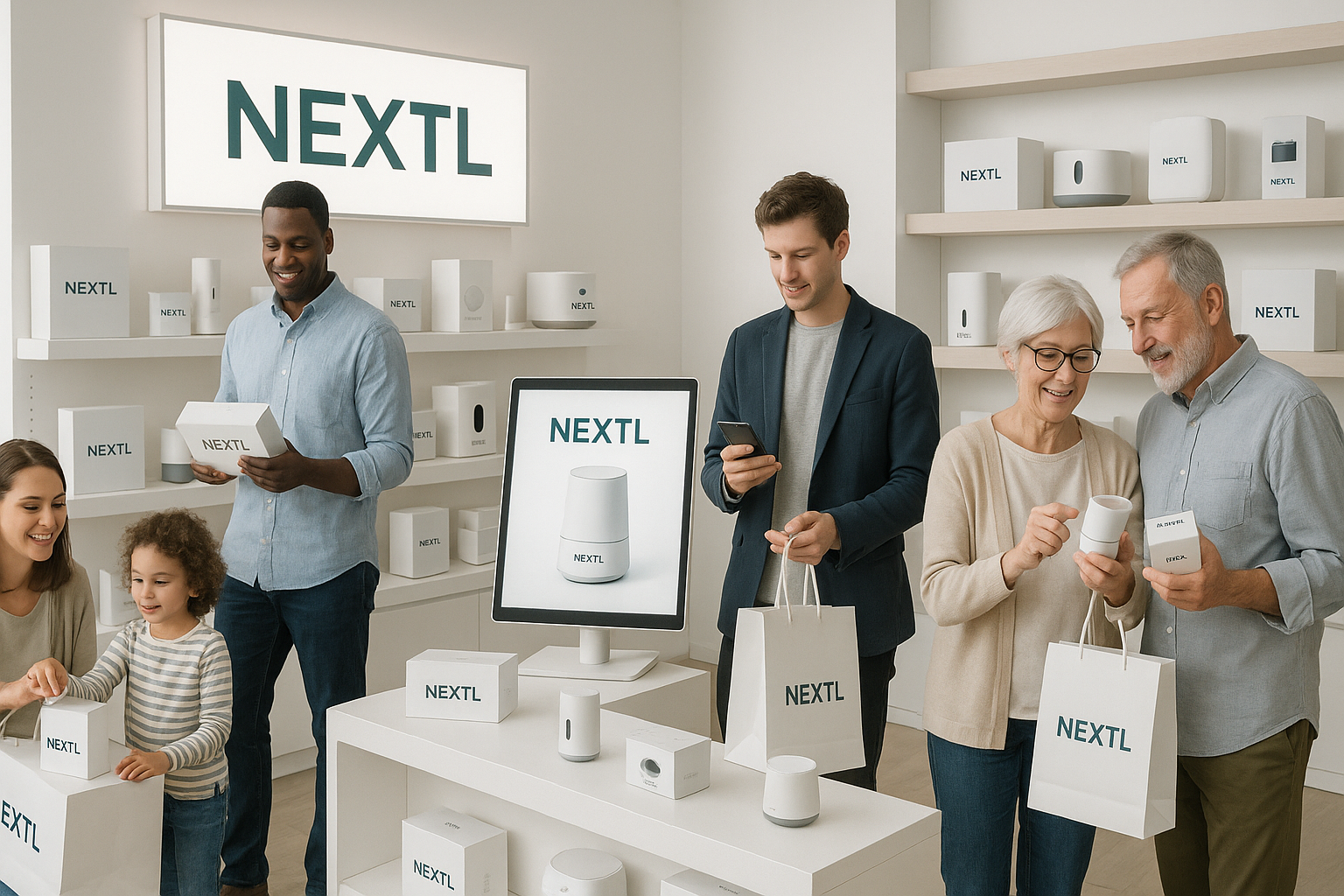 Dame una mas sencilla que sean personas normales adquieriendo productos innovadores y ponle marca NEXTL